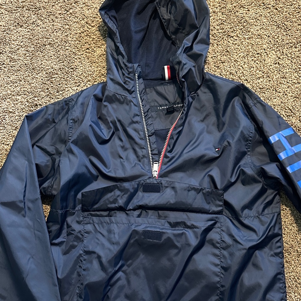 Tommy Hilfiger Navy Blue Hooded anorak quarter zip Windbreaker- youth Large